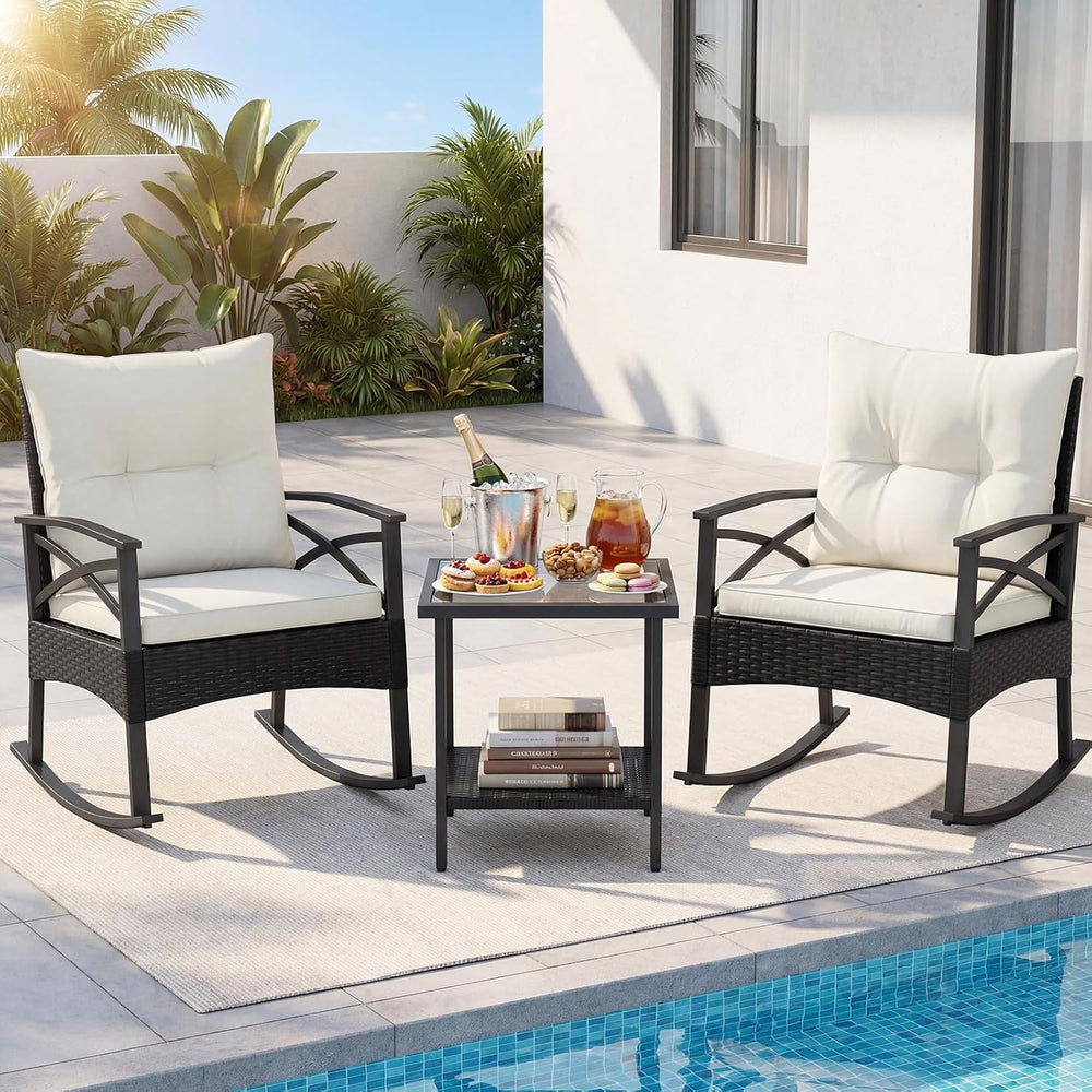 RELAX4LIFE 3-Piece Rattan Patio Rocking Chair Set, 2 Wicker Glider Rocking Ch...
