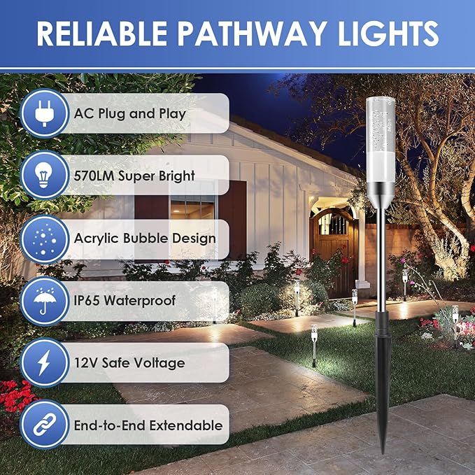 B-right Outdoor Pathway Lights, 6 Pcs LED Path Lights AC Plug 12V Low Voltage...