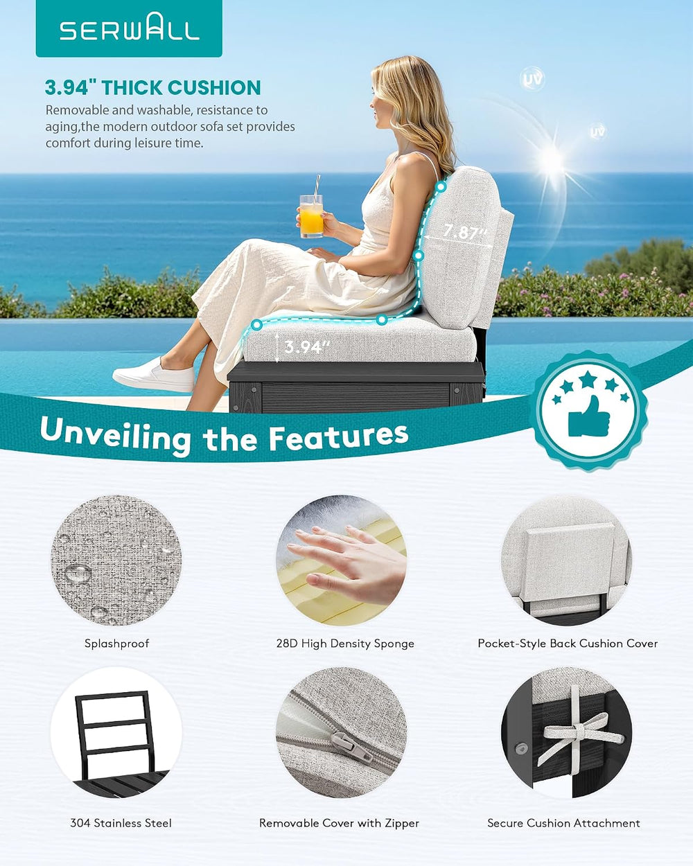 SERWALL HDPE Outdoor Furniture Set, 4 Seats Outdoor Sectional with Coffee Tab...