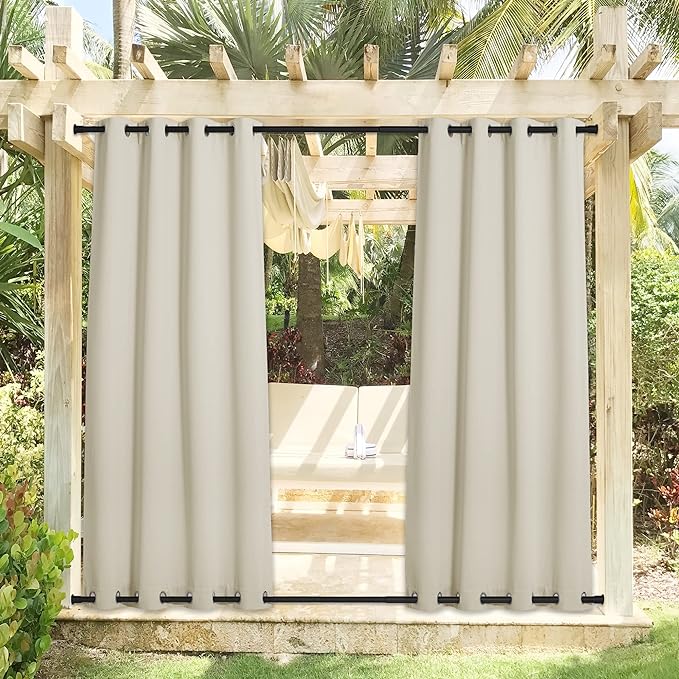 NICETOWN 2 Panels Beige Outdoor Curtains for Patio Waterproof, Sunlight Block...