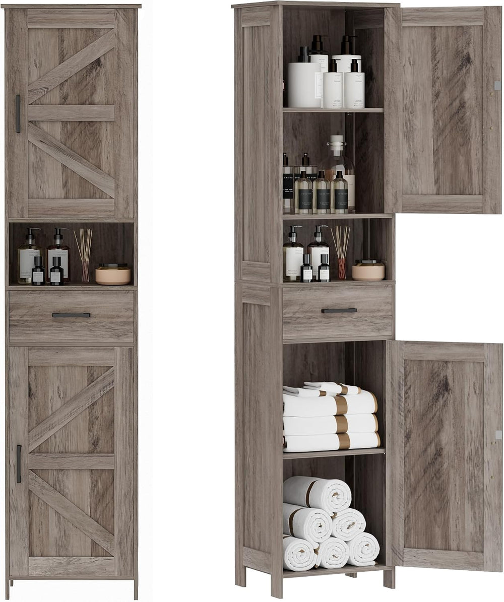 67" H Tall Bathroom Storage Cabinet with Barn Doors and Drawer