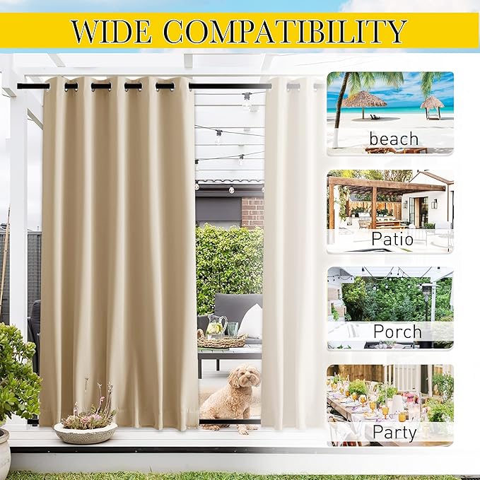 NICETOWN 2 Panels Outdoor Curtains for Patio Waterproof & Windproof, Ther...