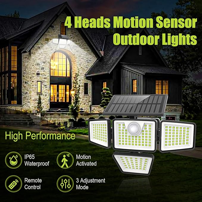3000LM Solar Lights Outdoor with Motion Sensor,4 Head 270° Wide Angle Street ...