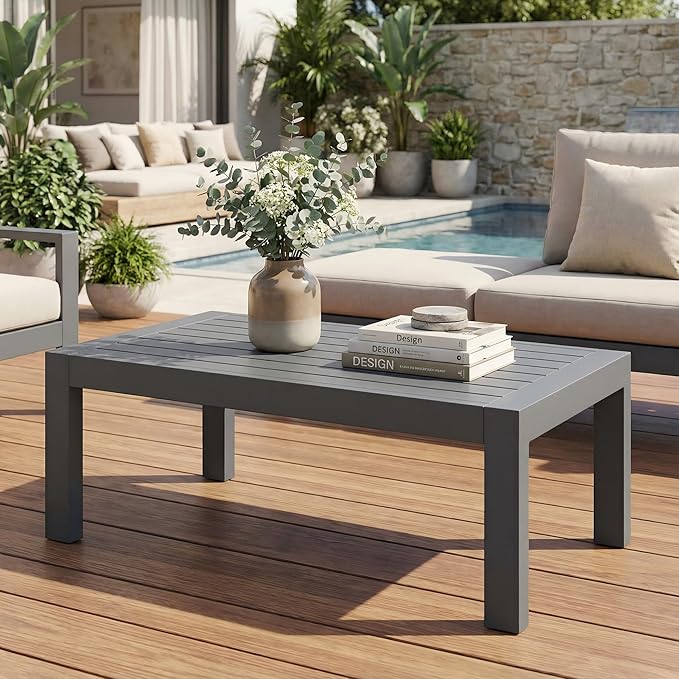 Solaste Aluminum Outdoor Coffee Table, All-Weather Rectangle Metal Patio Coff...