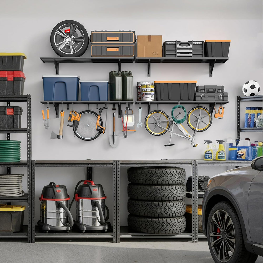 2 Pack Wall Mounted Garage Shelving with 8 Hooks, 1.5x4ft, 500lbs