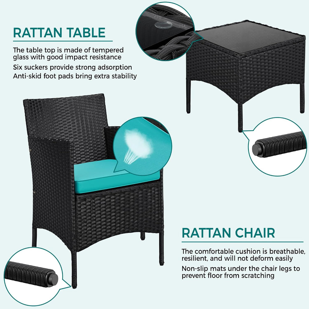 Yaheetech 3 Pieces Patio Conversation Set, Chairs & Side Table, Black/Cyan