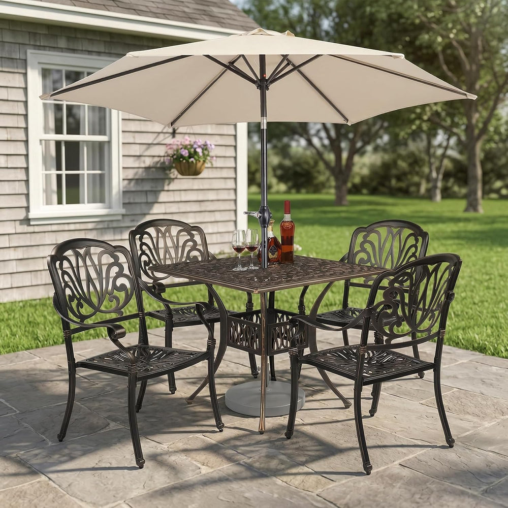 VINGLI 6-Piece Cast Aluminum Outdoor Patio Dining Set with 9ft Umbrella, Spac...