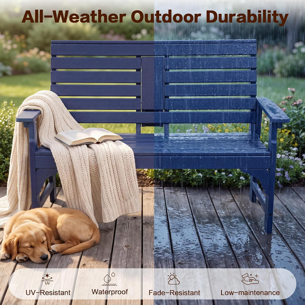 Outdoor Bench Weatherproof - HDPE 2-Person Garden Bench with Cup Holders, Ben...