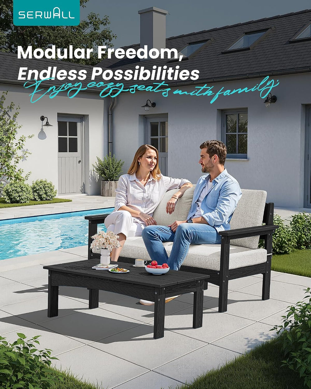 SERWALL 5 Piece HDPE Patio Sofas Set with Ottoman and Coffee Table, Black