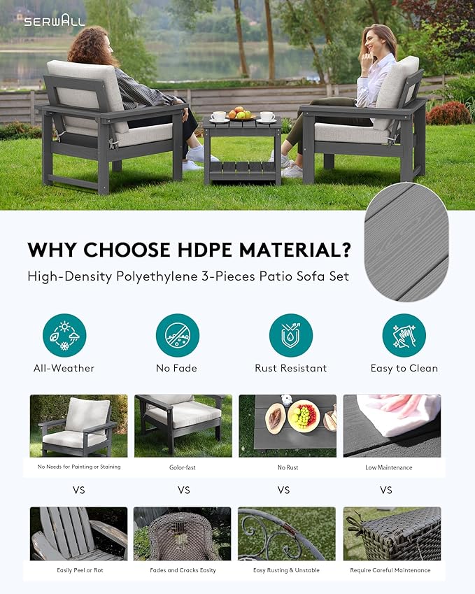 SERWALL HDPE Patio Sofa Set, 3-piece Sectional Outdoor Furniture Set, All Wea...