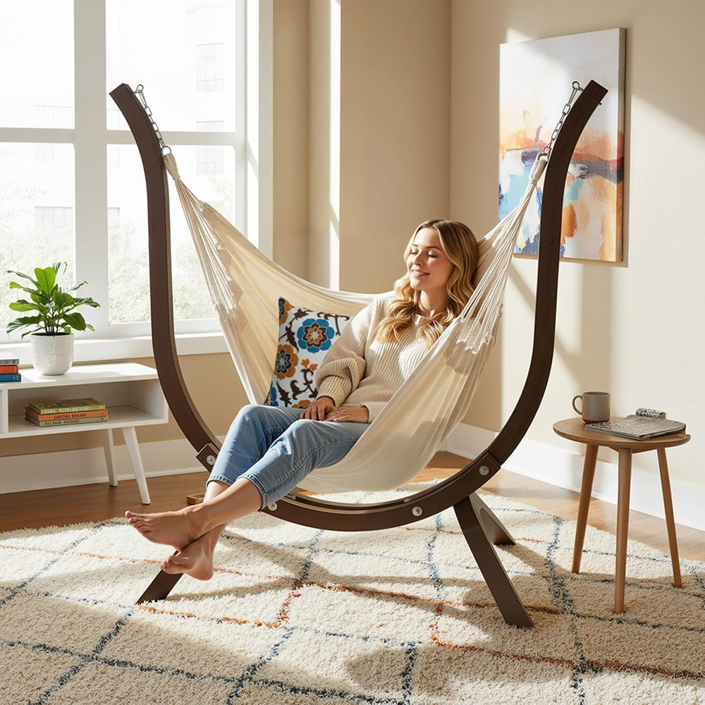 550 LBS Hand-Made Elegant Hammock Chair W/Stand, Premium Curved Wooden Hammoc...