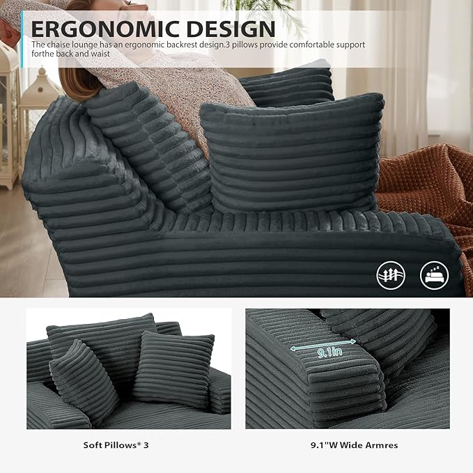 67 Inch Chaise Lounge Chair Indoor, Oversized Corduroy Upholstered Boneless S...