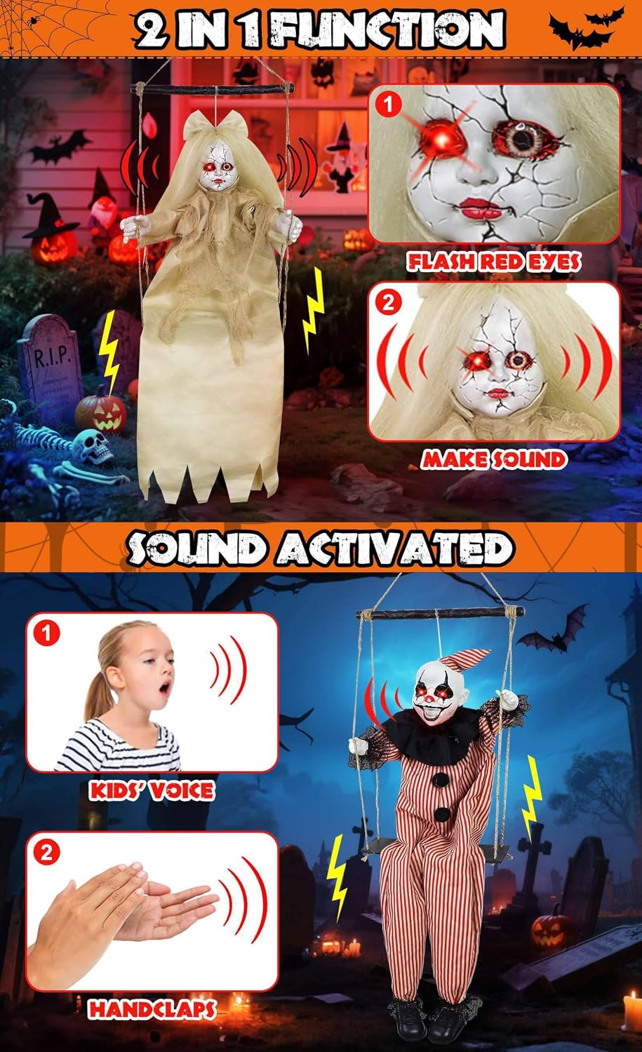 2 Pack Hanging Halloween Decorations Outdoor Swinging Clown & Girl Ghost