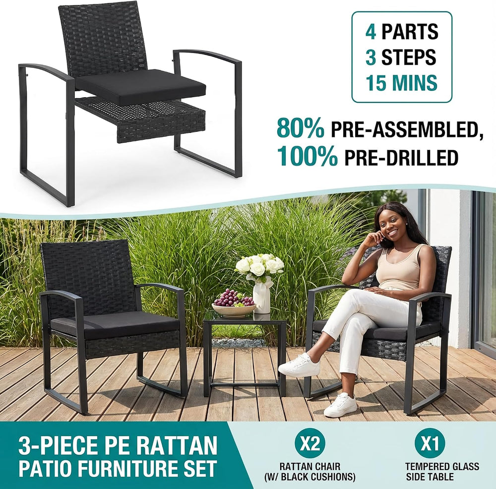 Bezseller 3-Piece Patio Furniture Set, Wicker Bistro Set, Black