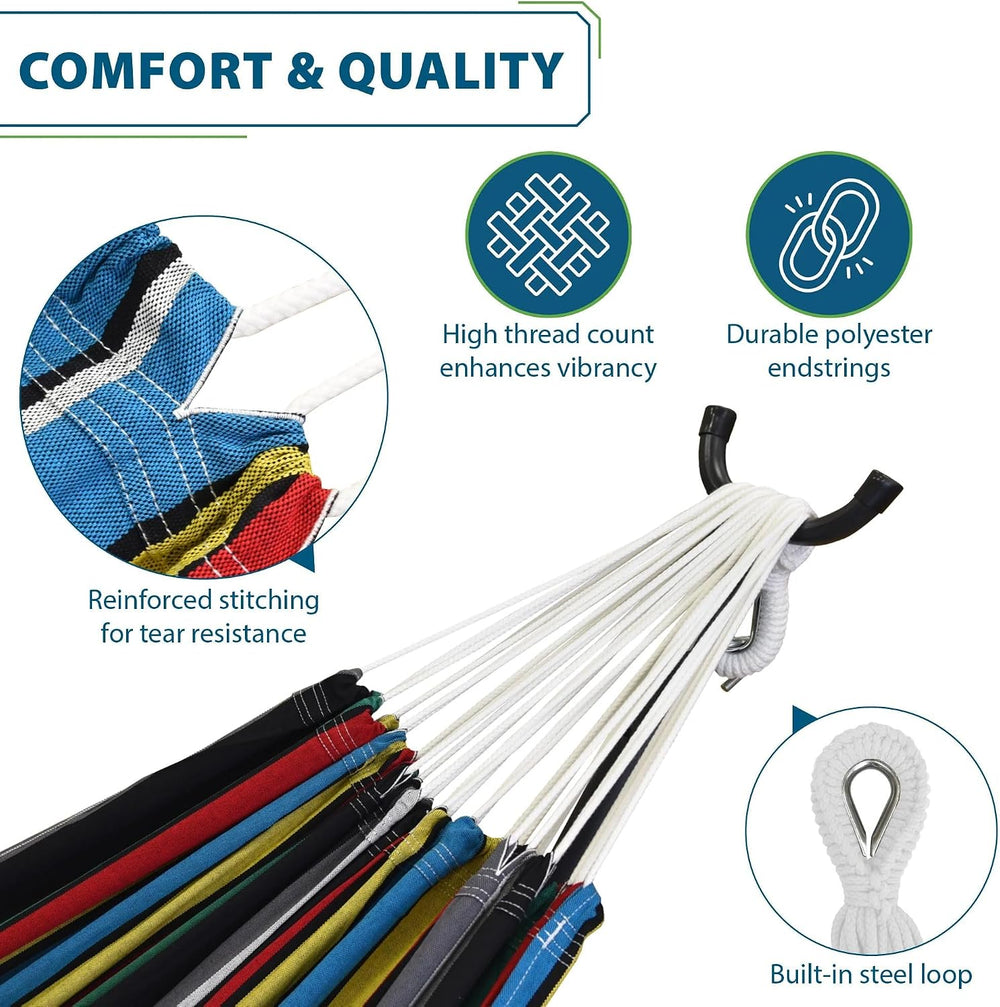 Vivere Double Cotton Hammock with Space Saving Steel Stand, Upgraded Polyeste...