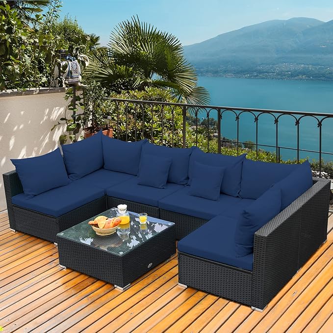 Tangkula 7-Piece Patio Furniture Set, Outdoor Sectional Wicker Sofa with Pill...