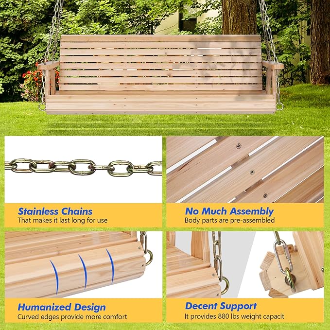 VINGLI Upgraded Patio Wooden Porch Swing for Courtyard & Garden, Heavy Du...