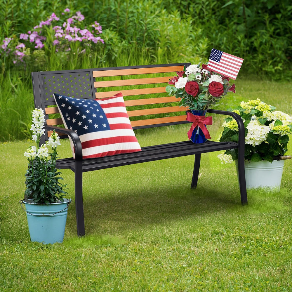 VINGLI Outdoor Metal Bench, 50in Weatherproof Garden Bench w/American Flag St...