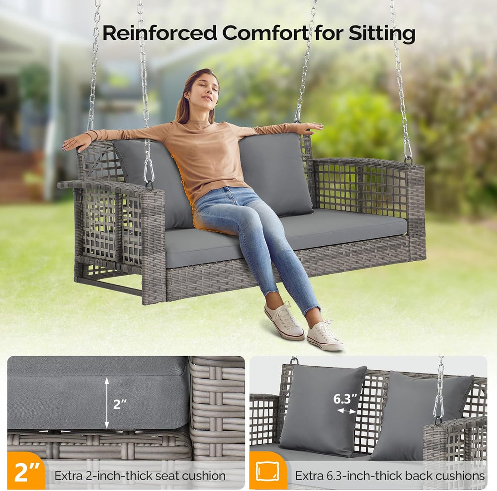 VINGLI 4FT Rattan Swing Bench, Outdoor Wicker Hanging Porch Swing (Grey)