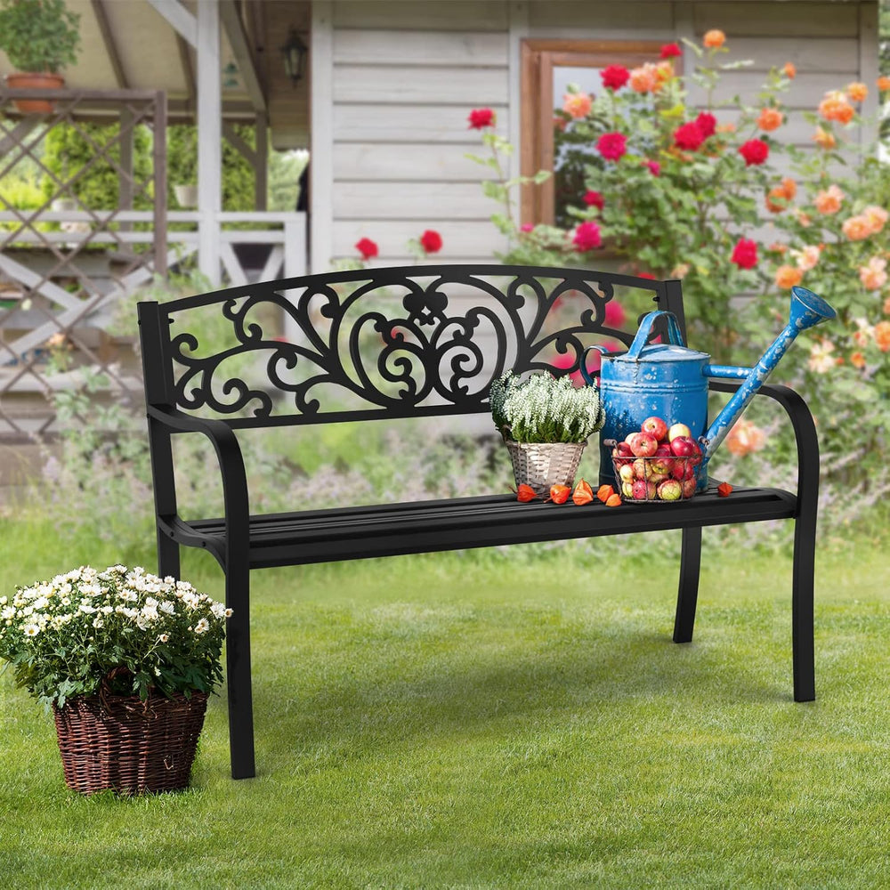 VINGLI Outdoor Bench for Patio Metal Garden Bench w/PVC Back Pattern, Black P...