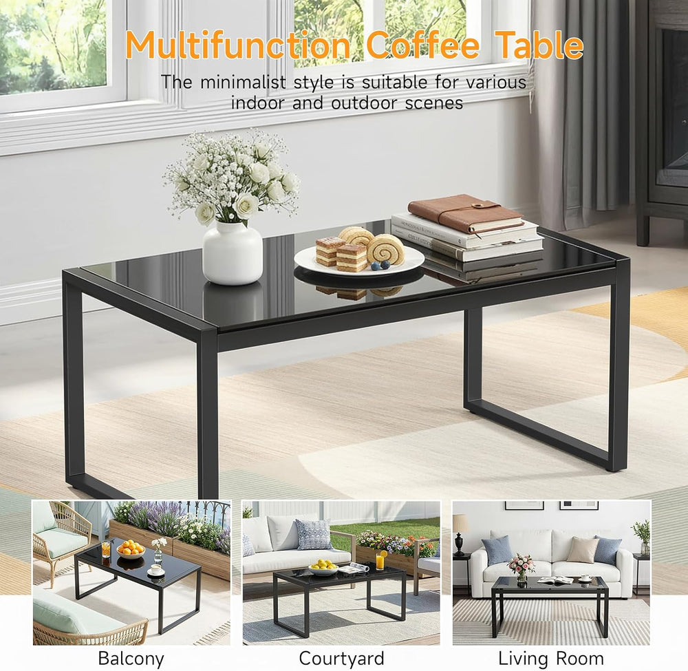 Rectangle Coffee Table with Tempered Glass Desktop, Black