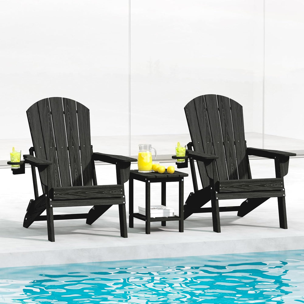 Adirondack Chair Set of 2 with Cup Holders&Table, Black