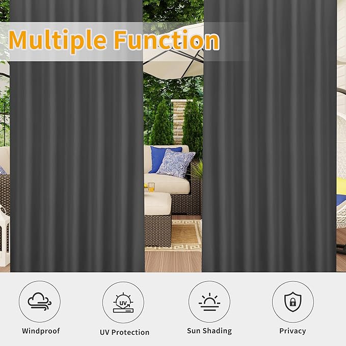Easy-Going Outdoor Patio Curtains Detachable Tab Top Windproof Weatherproof C...