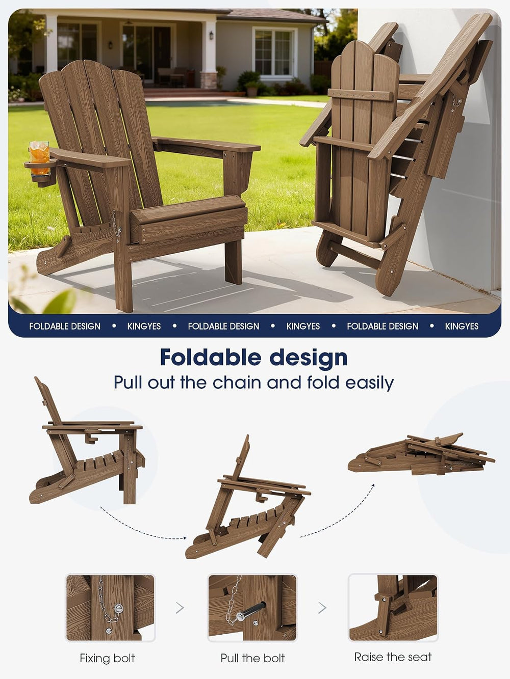 KINGYES Folding Adirondack Chair Set of 2 with Cup Holder, Brown