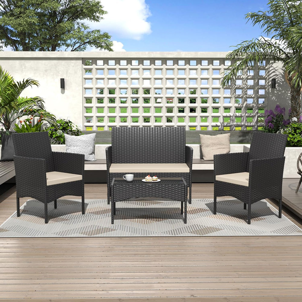 ALAULM Outdoor Patio Furniture Set, 4 Pieces Patio Conversation Set Wicker Ch...
