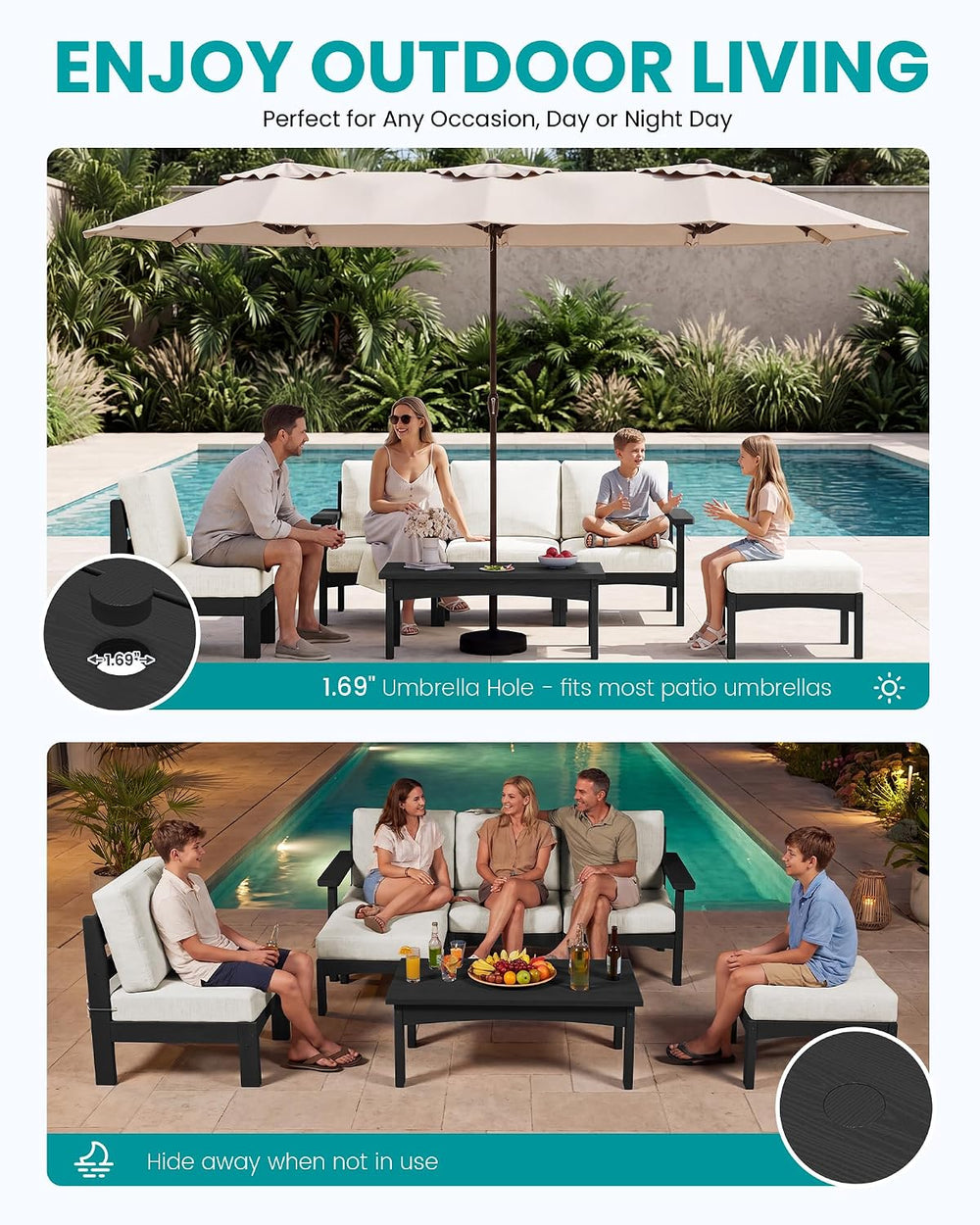SERWALL 5 Piece HDPE Patio Sofas Set with Ottoman and Coffee Table, Black