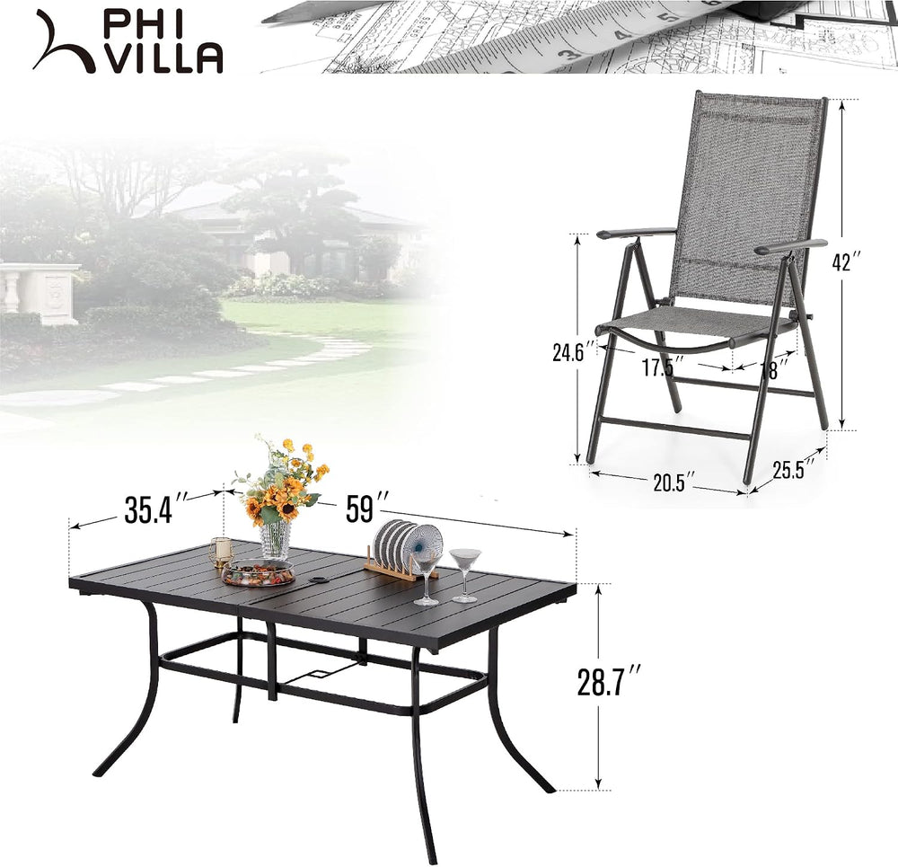 PHI VILLA Outdoor Patio Dining Set with Umbrella for 6, Folding Chairs