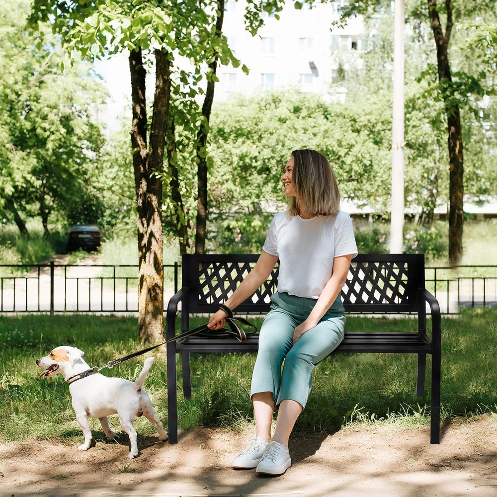 VINGLI Outdoor Metal Bench w/PVC Back - All Weather Resistant Black Garden Pa...