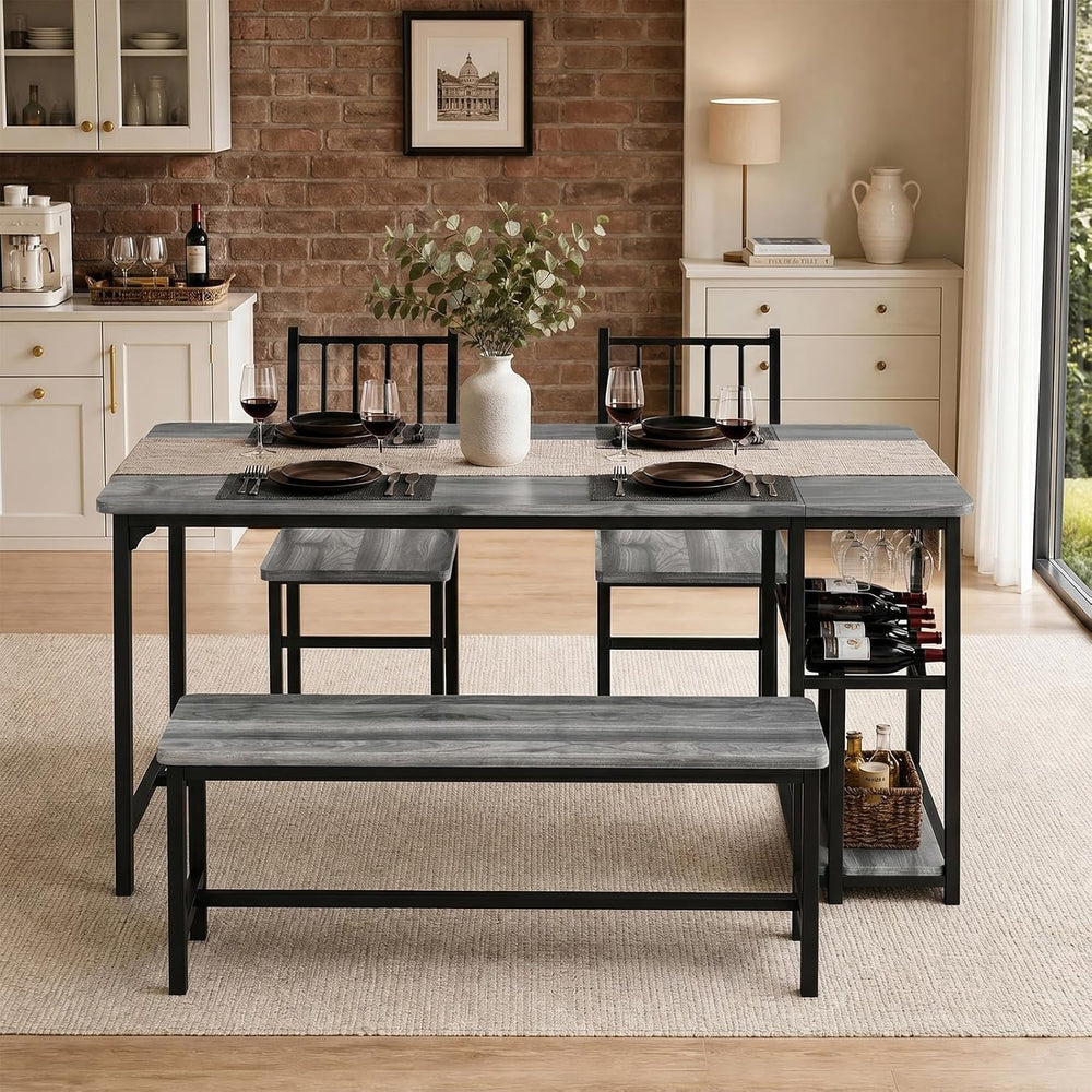 4 EVER WINNER 55-Inch Dining Table Set for 4 with Bench, Wine Rack, Grey