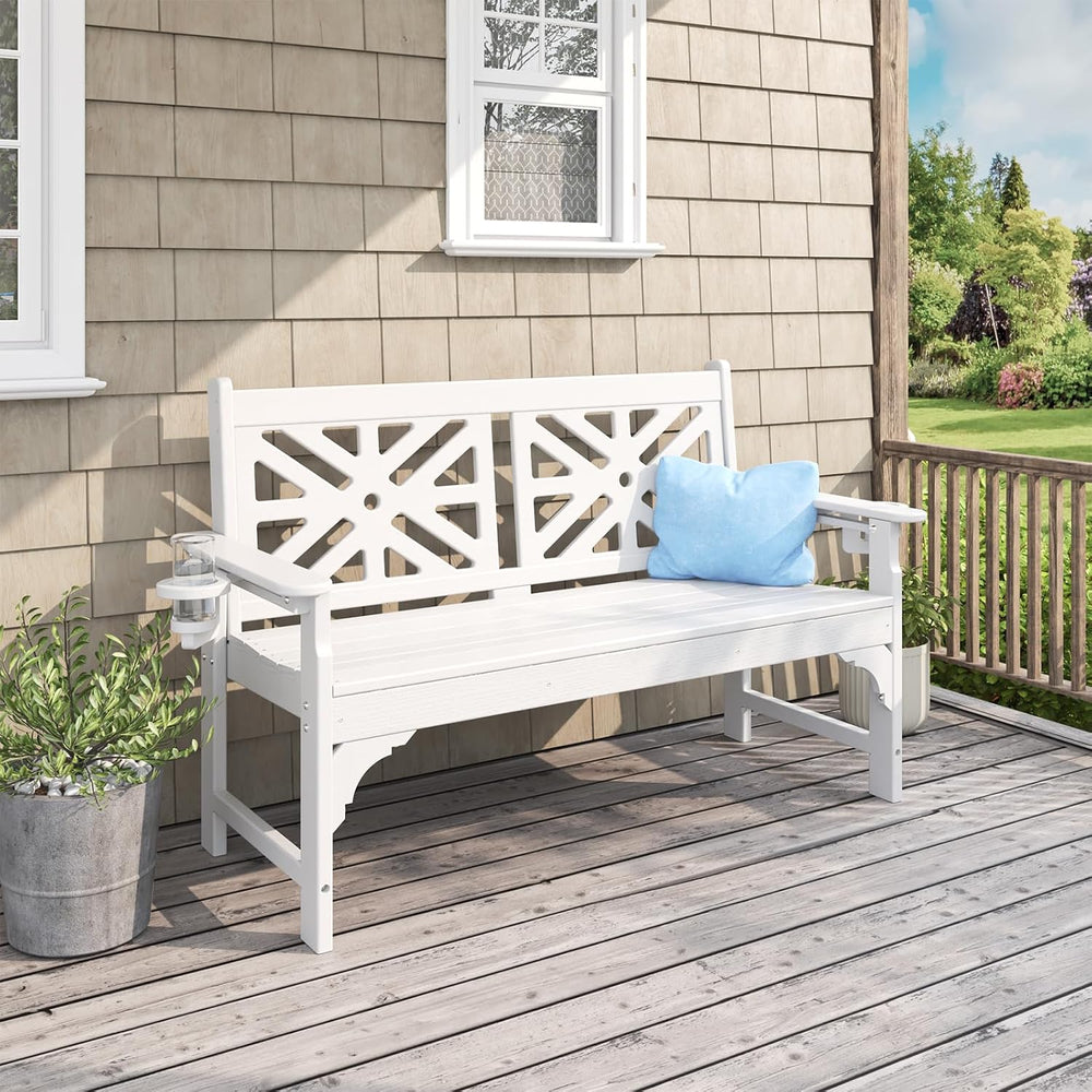 Oversized Outdoor Bench with Cup Holders, 51.5” HDPE Aesthetic Garden Bench f...
