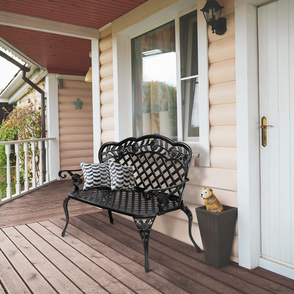 VINGLI 42.5" Outdoor Bench, Antique Cast Aluminum Front Porch Bench Meta...