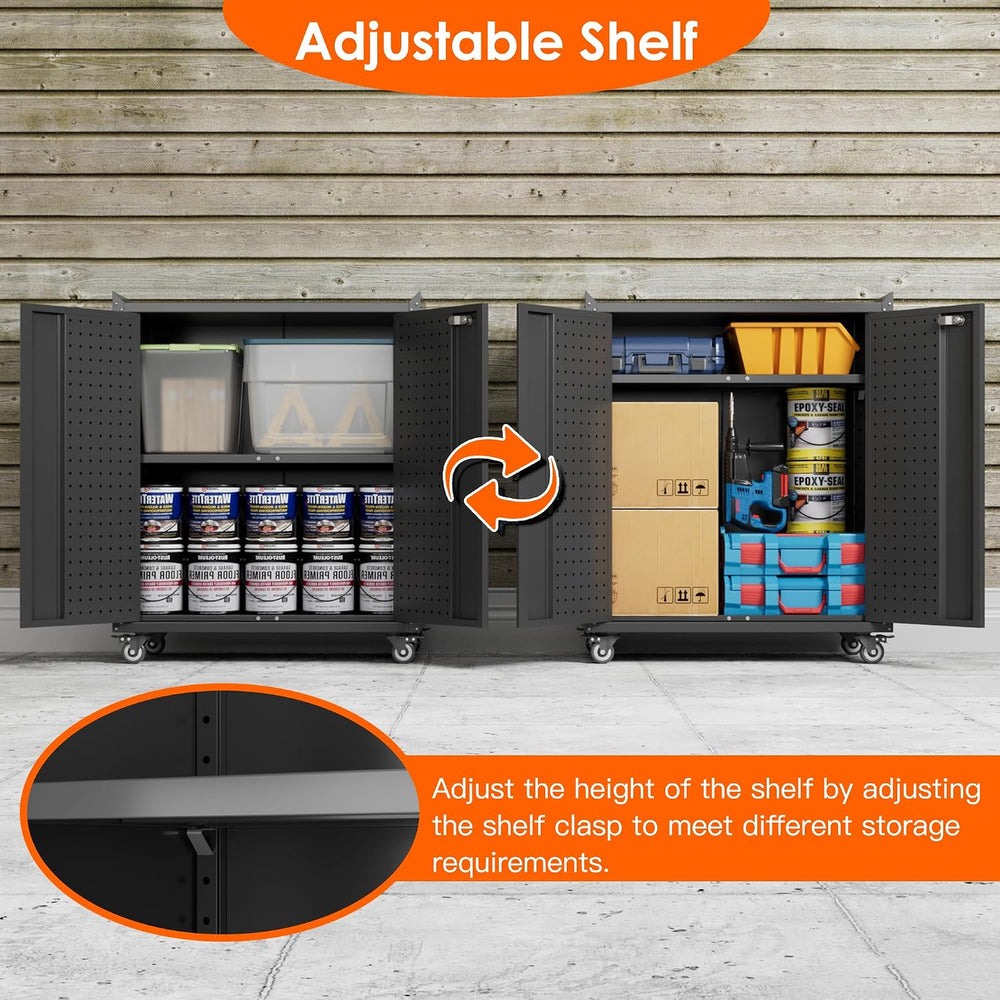 Metal Rolling Garage Storage Cabinet with Wheels, Pegboard Doors