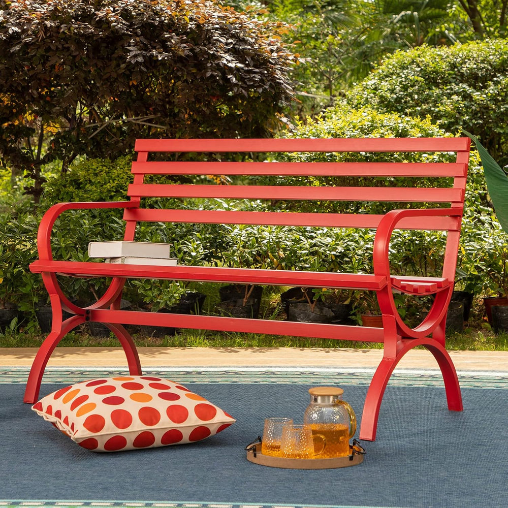 Sophia & William Outdoor Garden Bench, Metal Tube Frame Park Bench, Red