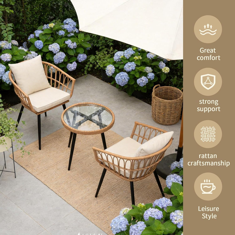 3-Piece Patio Dining Set, Featuring a Round PE Rattan Table and 2 Chairs, Sui...