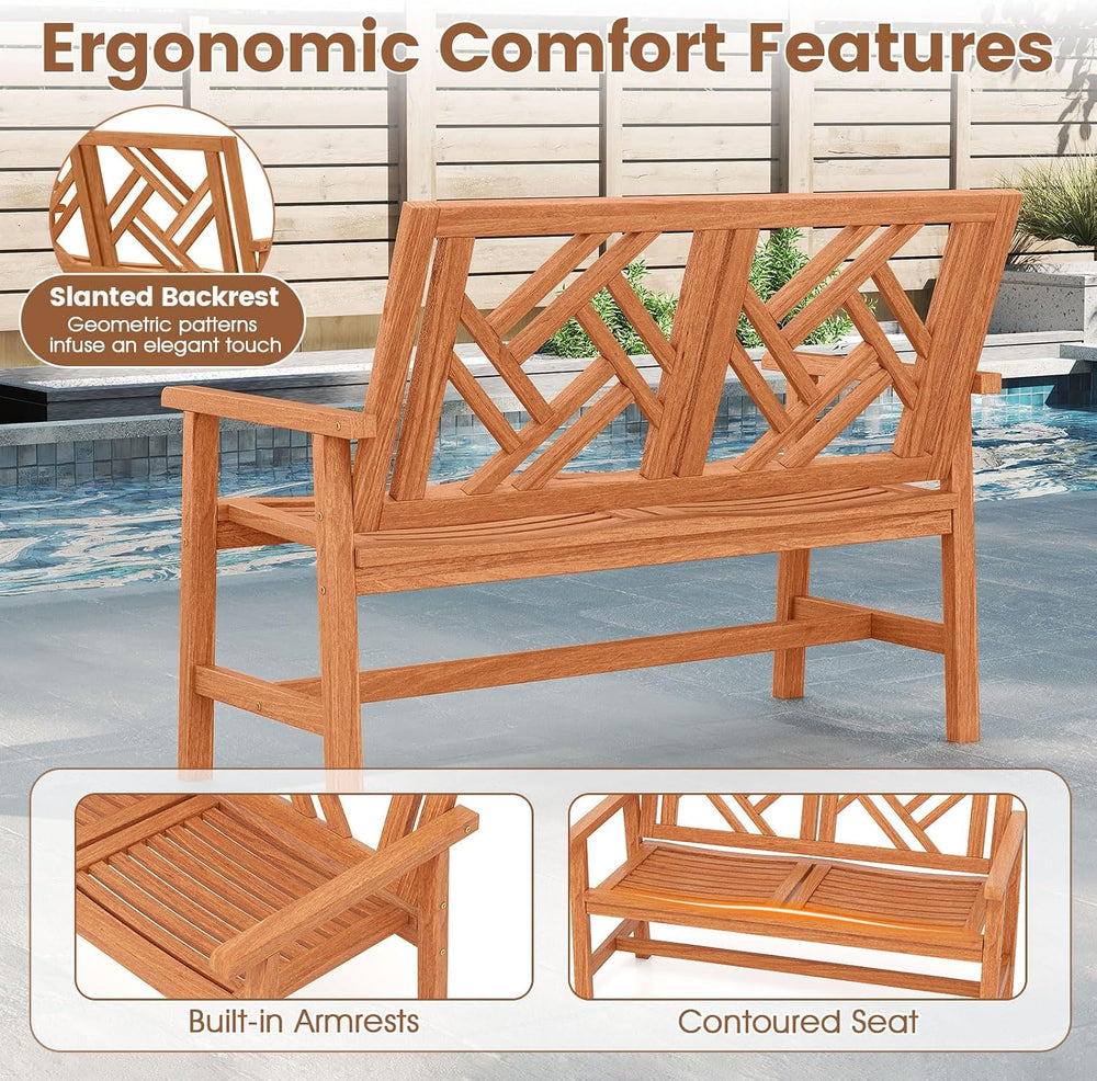 Tangkula Outdoor Wood Bench, 2-Person Patio Loveseat Chair with Geometric Bac...