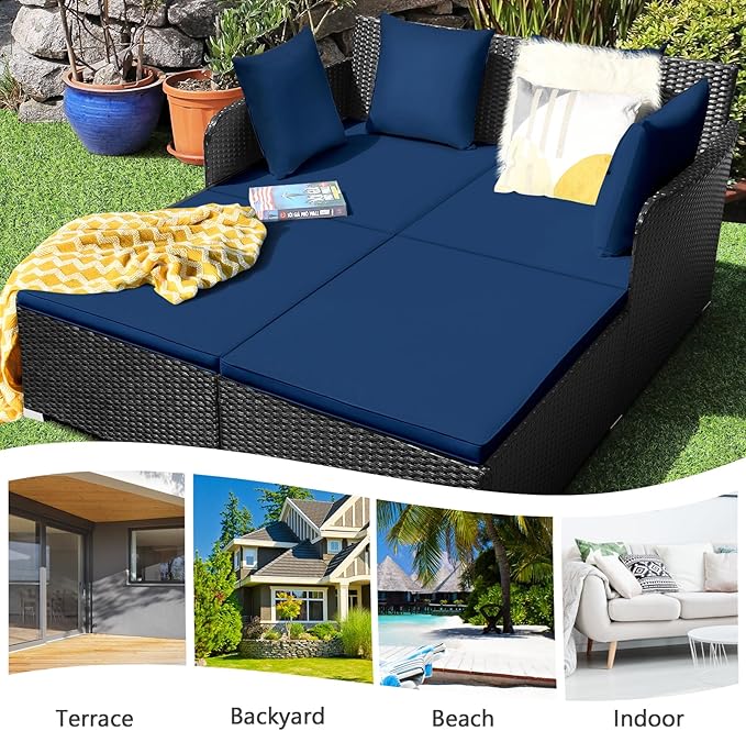 COSTWAY Outdoor Patio Rattan Daybed, Sponge Cushioned Loveseat Sofa with 4 Pi...