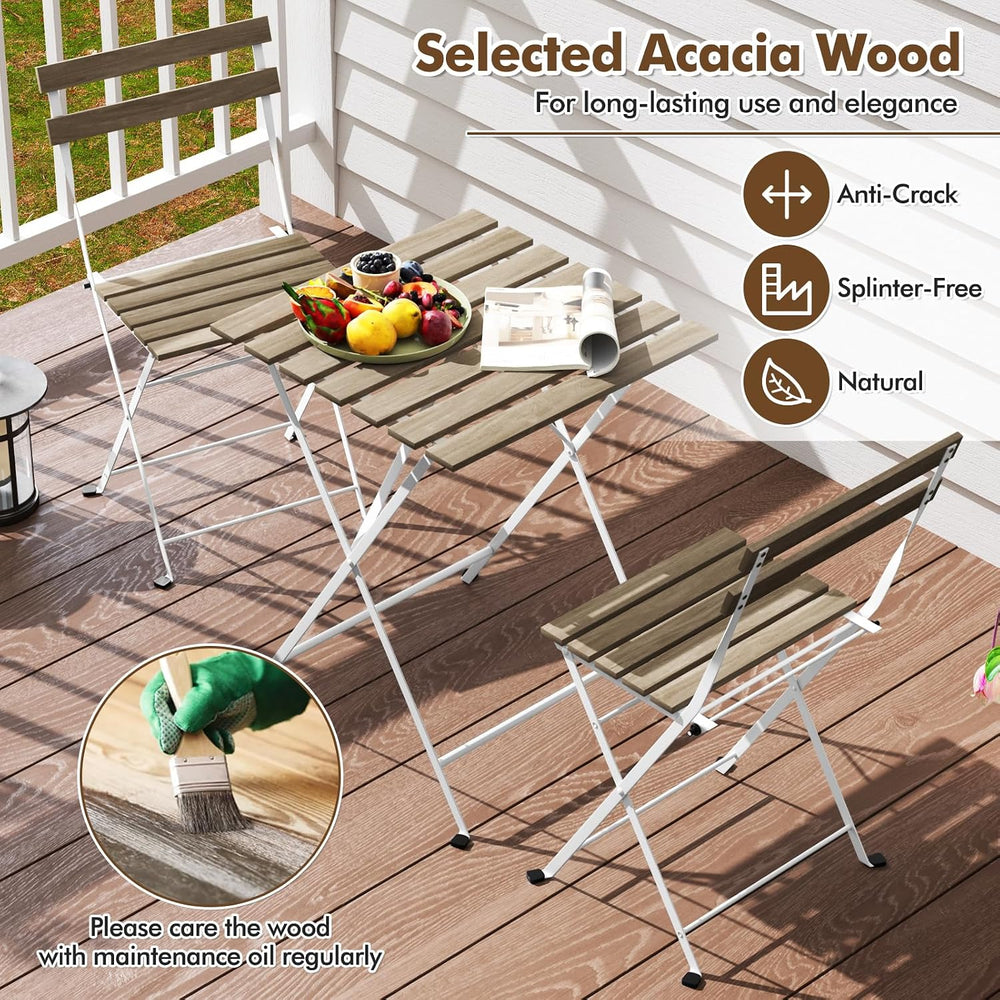 GIANTEX 3-Piece Acacia Wood Bistro Set, Patio Bistro Table with 2 Folding Cha...