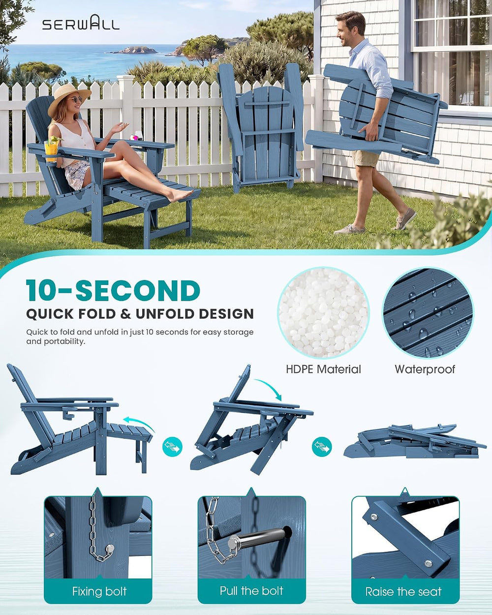 SERWALL HDPE Folding Adjustable Adirondack Chair with Footrest, Blue