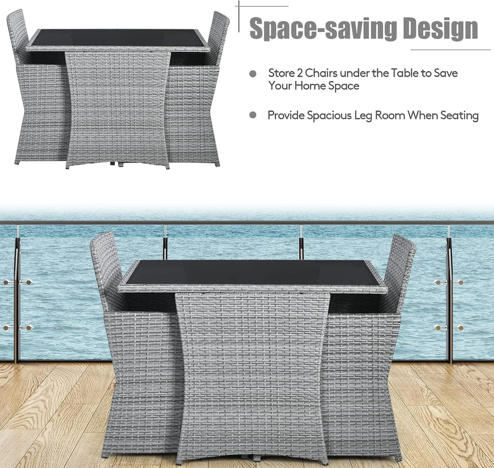 Tangkula 3 Pieces Patio Dining Set, Patiojoy Space-saving PE Rattan Bistro Se...