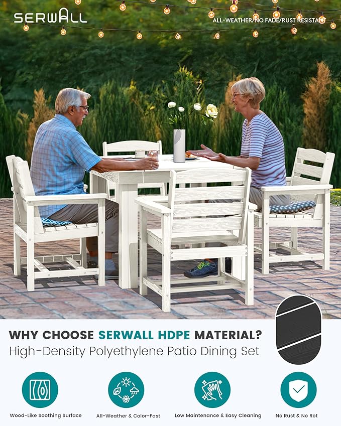SERWALL Outdoor Dining Set for 4, HDPE Square Table and Chairs Set All Weathe...