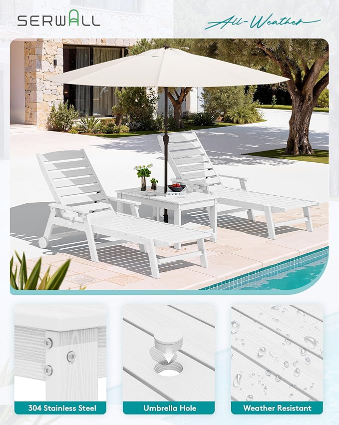 SERWALL Outdoor Coffee Table with 9FT Umbrella, HDPE Patio Coffee Table for O...