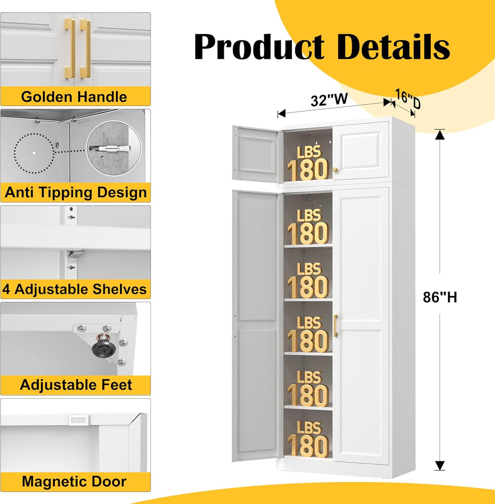 Steeloong 86"Metal Pantry Storage Cabinet with Doors & 4 Adjustable ...