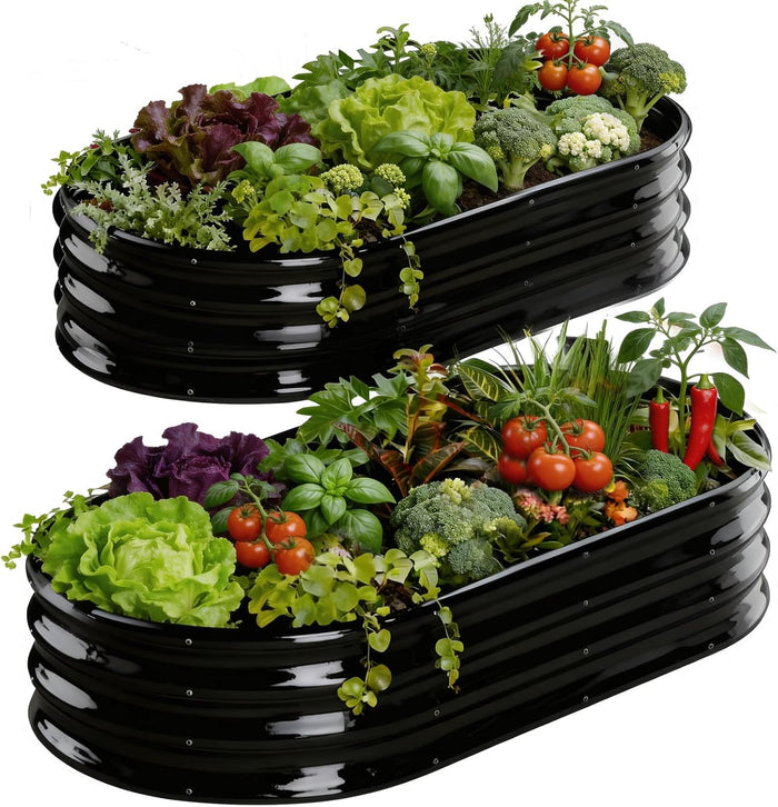 Rakukiri Raised Garden Bed Outdoor, GRS Certified Recycled Metal Planter Box 2 Sets, 4FT Galvanized Oval Herb Garden Kit, Bottomless Large Garden Beds for Vegetables Flowers, Rust-Resistant Black