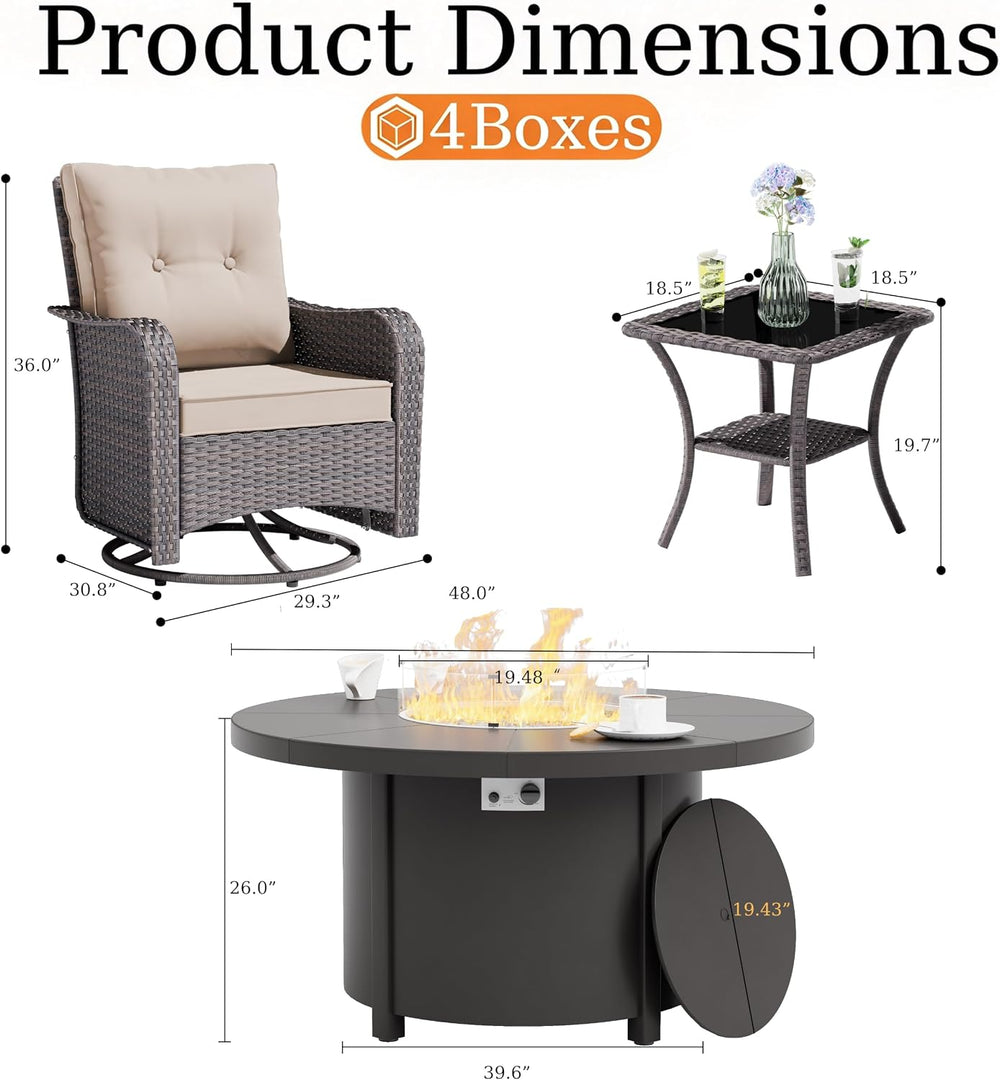7Pcs Patio Furniture Swivel Chair Set with 55,000 BTU Round Fire Pit-Sand