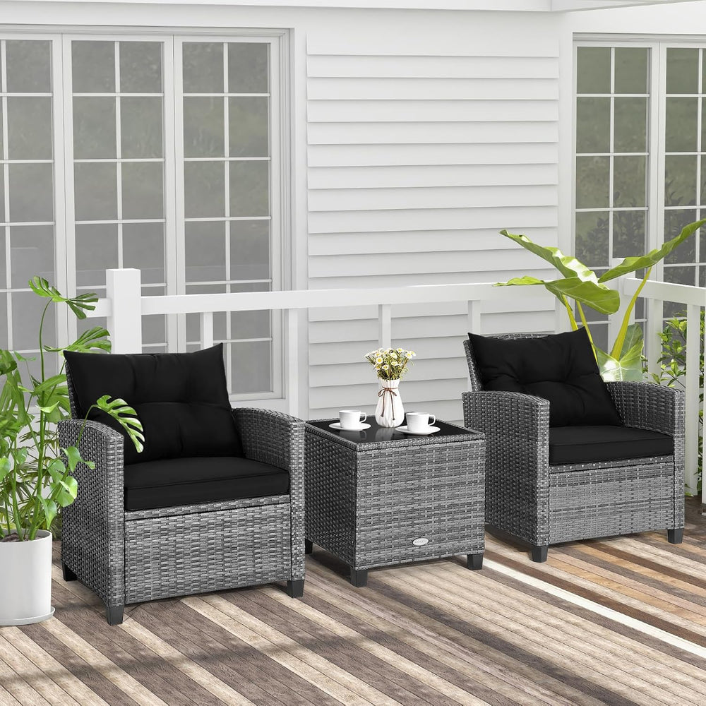 Tangkula 3 Pieces Patio Furniture Set, Outdoor PE Rattan Conversation Chair S...