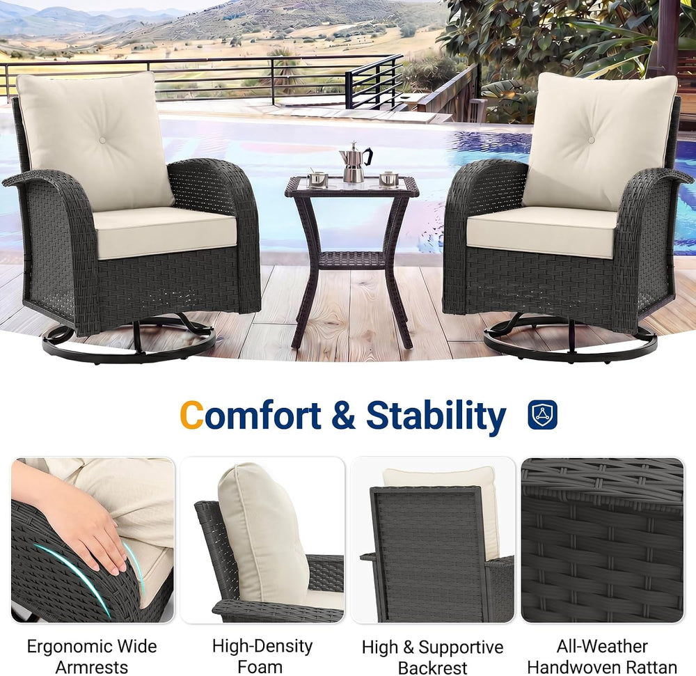 UDPATIO Outdoor Furniture 3 Piece Patio Swivel Chair, Olefin Fade Resistant